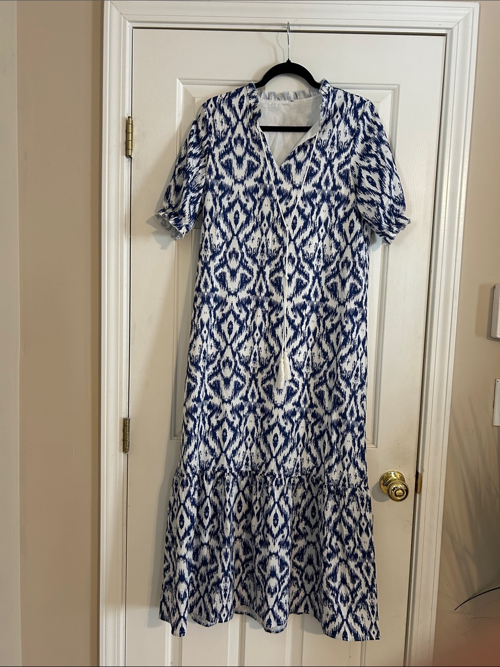 Amazon Blue and White Ikat Maxi Dress with Tassel Tie Summer M